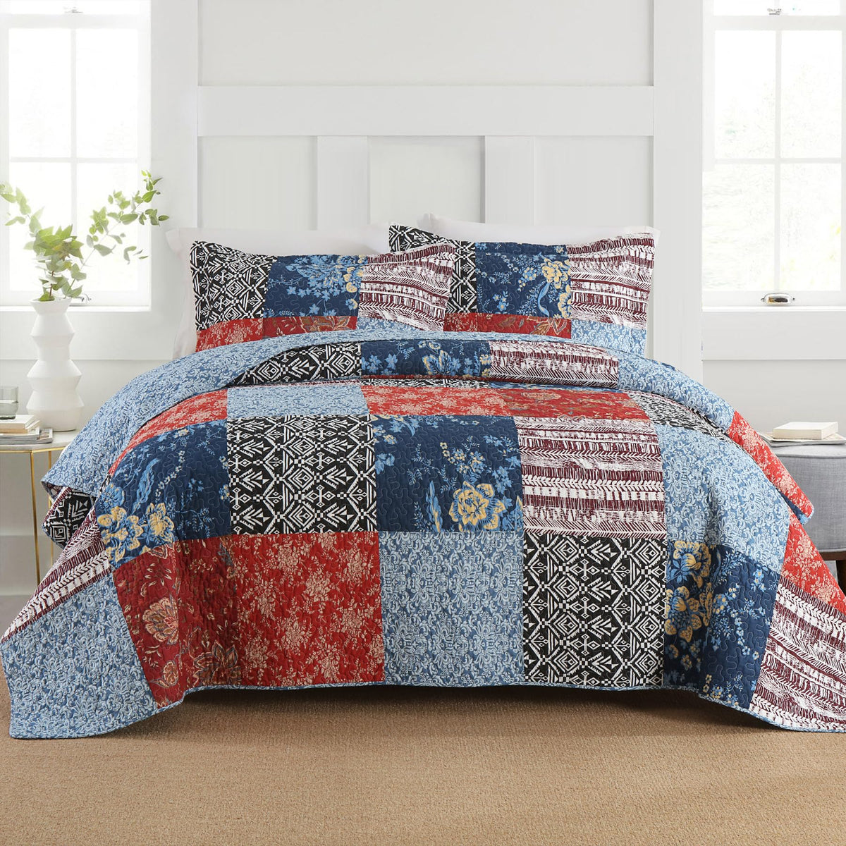 Secgo King Size Comforter Set- 100% Cotton Quilt King Size Set, Green, Sage bedspreads (96 * 108 Inch) with 2 Pillow Shams, Patchwork Reversible Lightweight Bedding