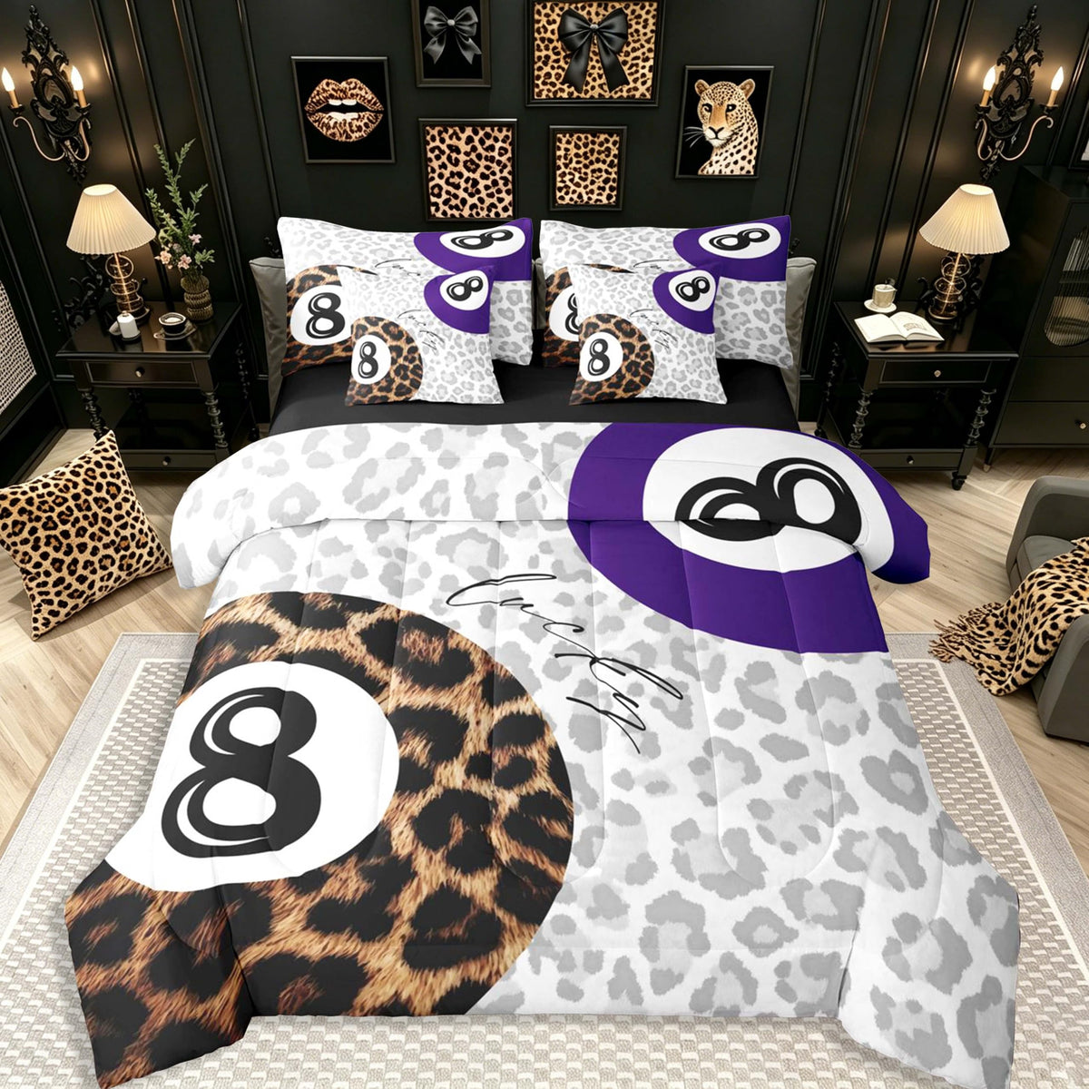 Erosebridal Leopard Print Bedding Set,7 Piece Pink Lucky 8 Ball Cheetah Bed in A Bag Queen Comforter Set for Boys Girls Women Preppy Room Decor Aesthetic Comforter and Sheets Fashion Coquette Bed Set