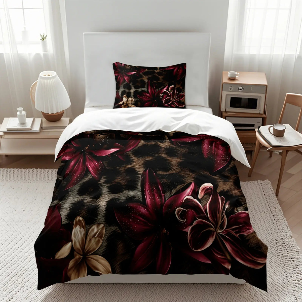 Dark Floral Leopard Print Duvet Cover Set, Includes 1 Duvet Cover and 1‑2 Pillowcases, Soft Comfortable Breathable All‑Season Bedding Set, Burgundy Lily Flower Realistic Pattern, Glam Gothic Boho Aesthetic Room Decor, Soft Bedding Sets
