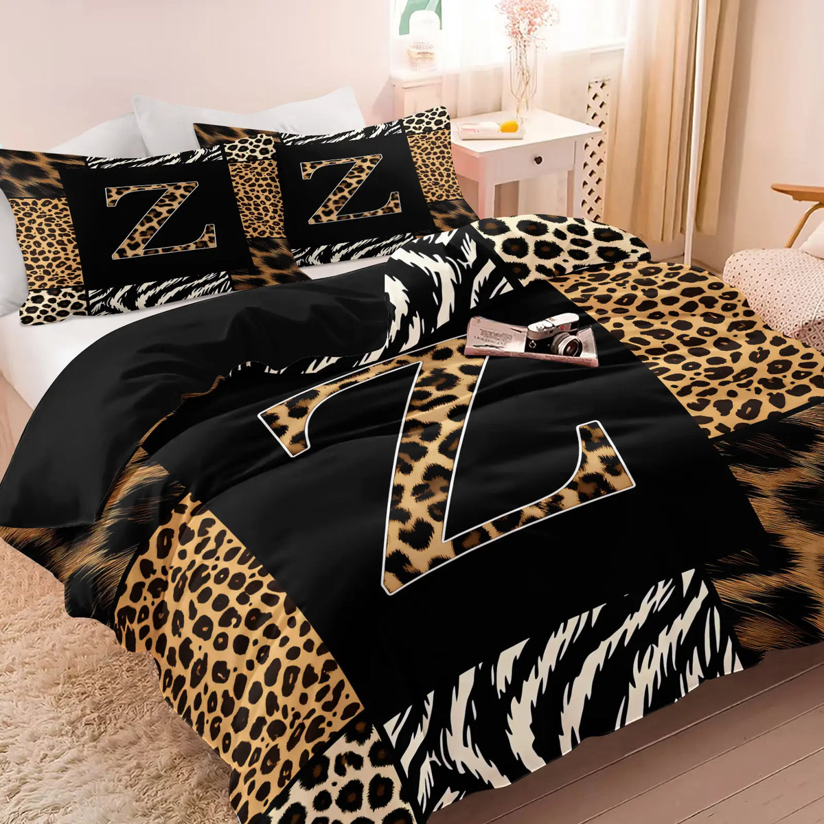 Leopard Zebra Print Letter M Decorative Duvet Cover Set (1 Duvet Cover + 1-2 Pillowcases), Soft Skin Friendly Breathable All Season Bed Linen, Animal Patchwork Letter M HD Vivid Printed Bedding Set, Edgy Modern Bedroom & Dorm Home Decor, Soft Bedding Sets
