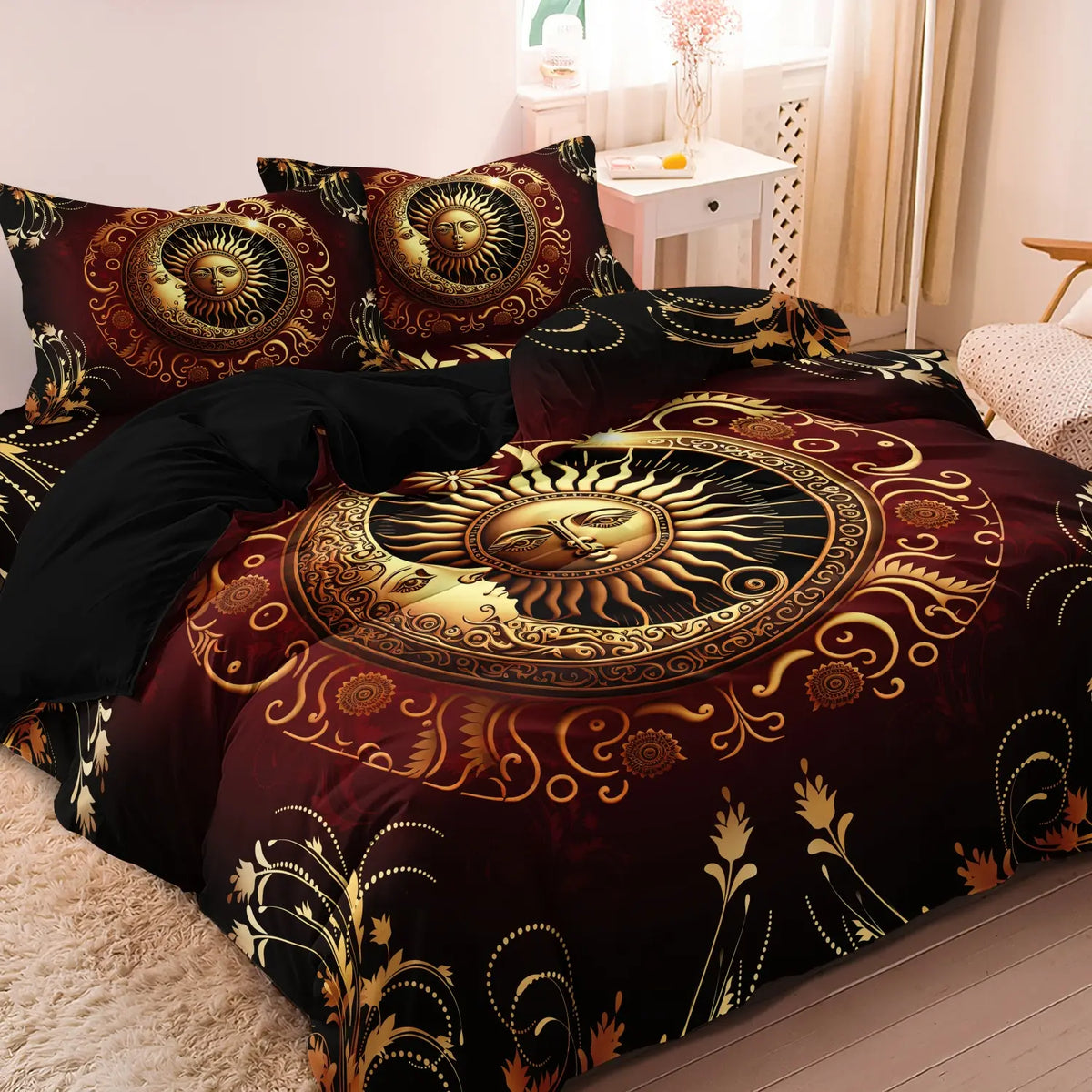 Ramadan Decoration Sun & Moon Pattern Decorative Duvet Cover Set, 3 Counts/set Including 1 Duvet Cover & 2 Pillowcases without Filler, Soft Comfortable Theme Bedding Set for Home Bedroom Comfy Bedding Sets #GLOBAL PICKS