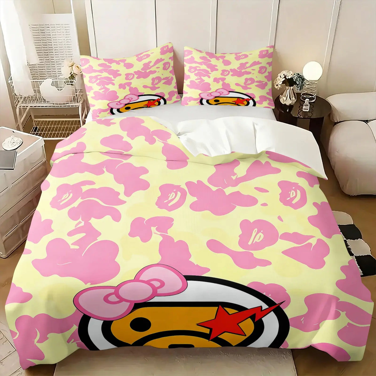 Y2K American Retro Pink Camo Cartoon Graphic Duvet Cover Set, Include 1 Comforter Cover and 1/2 Pillowcases, Stylish Star Element Quilt Cover, Creative Bedroom Dorm Trendy Bedding Print Bedding Set