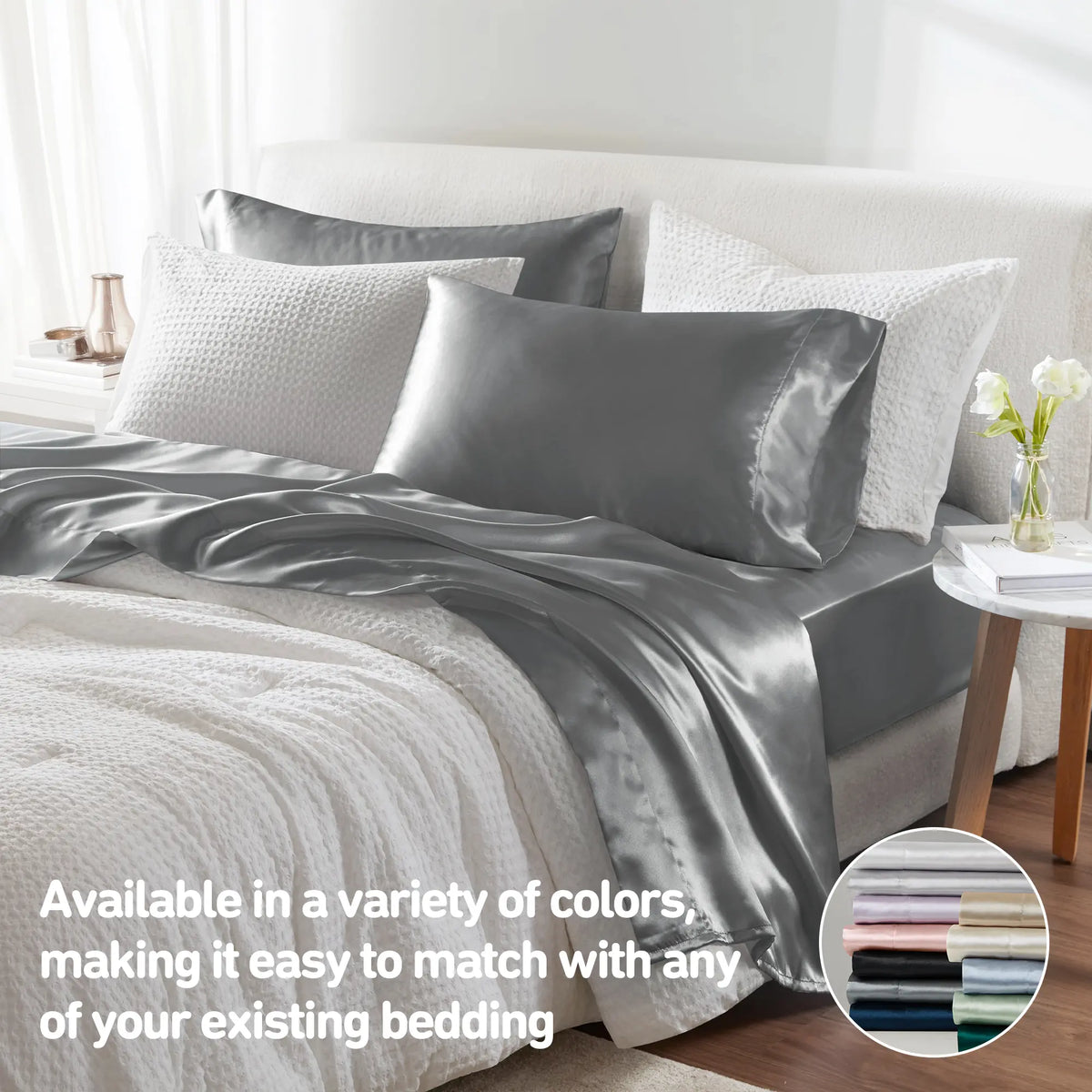 6-Piece Solid Color Satin Bed Sheet Set - 1 Flat, 1 Fitted, 4 Pillowcases, Luxurious with Natural Sheen and Silky Glide on Skin, Satin Bed Sheets