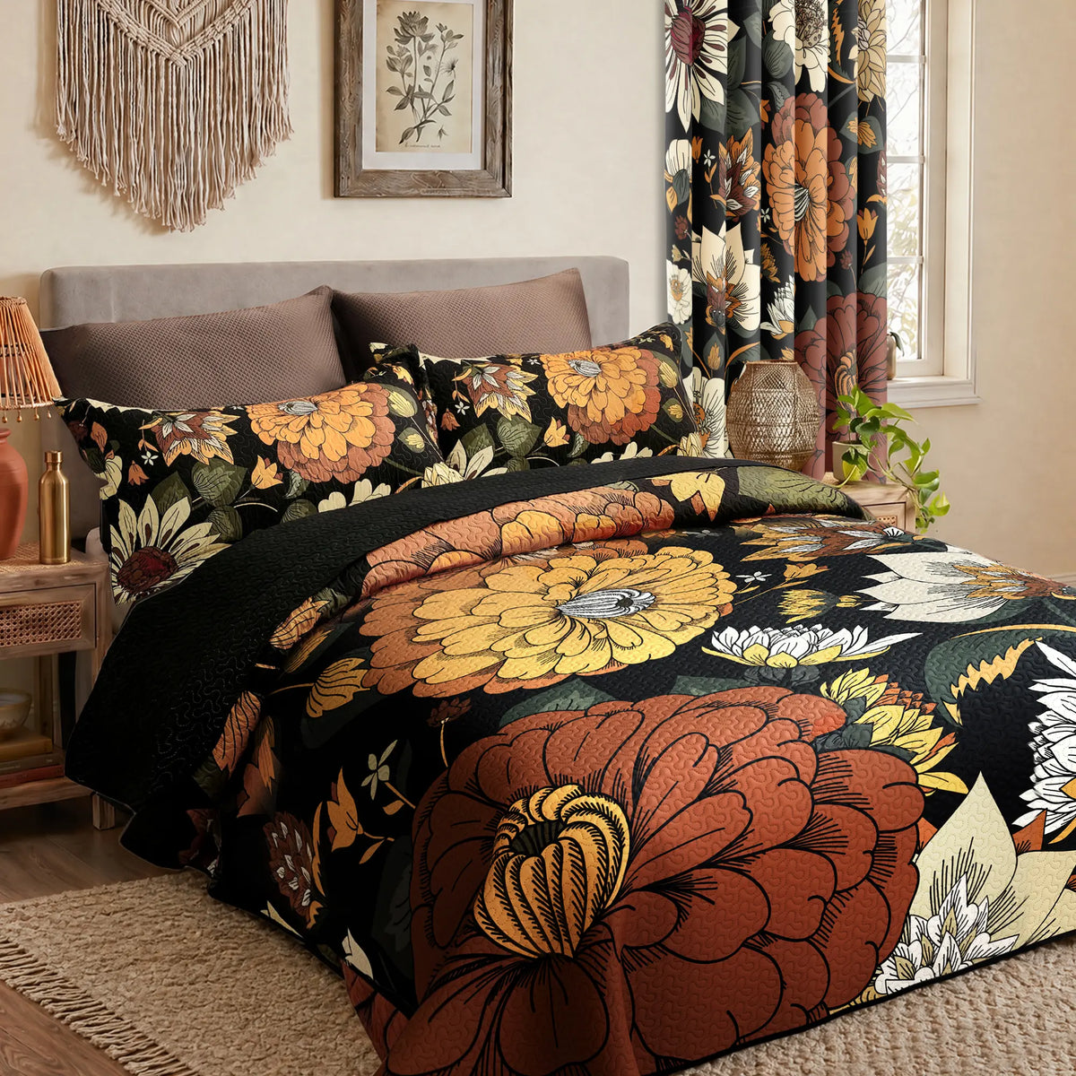 Tyrot 3-Piece Queen Size/California King Bohemian Quilt Bed Set - Wrinkle-Resistant Microfiber Comforter Set with 2 Shams, Farmhouse Botanical Reversible Lightweight Coverlet, Mid-Century Leaves, Breathable Fade-Proof All-Seasons Black Bedding, Queen Size