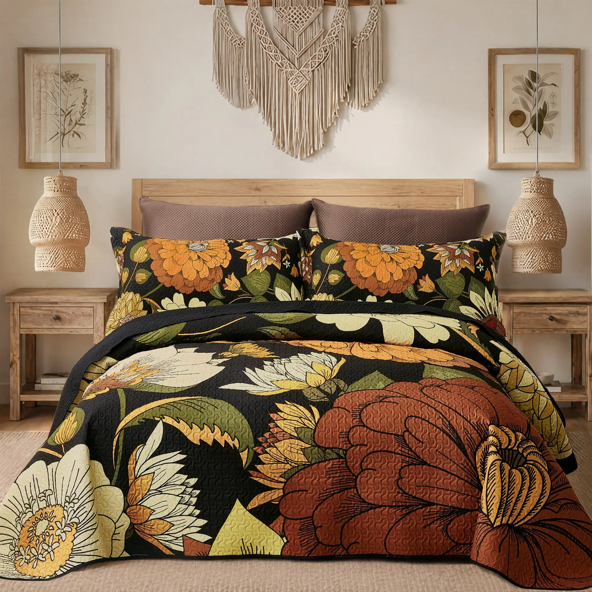 Tyrot 3-Piece Queen Size/California King Bohemian Quilt Bed Set - Wrinkle-Resistant Microfiber Comforter Set with 2 Shams, Farmhouse Botanical Reversible Lightweight Coverlet, Mid-Century Leaves, Breathable Fade-Proof All-Seasons Black Bedding, Queen Size