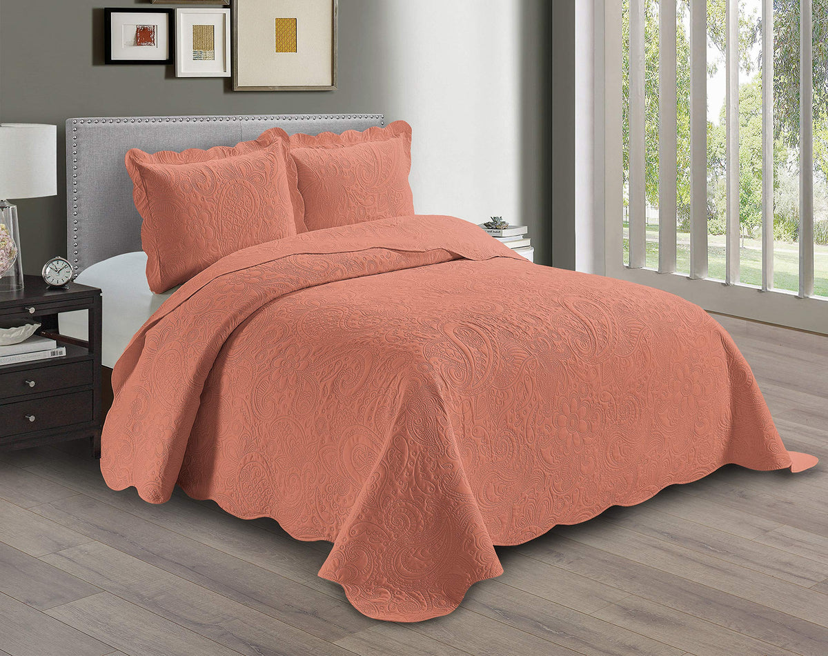 Linen Plus Embossed Coverlet Bedspread Set Oversized Solid Coral Full/Queen Bed Cover Bedding New # Dana