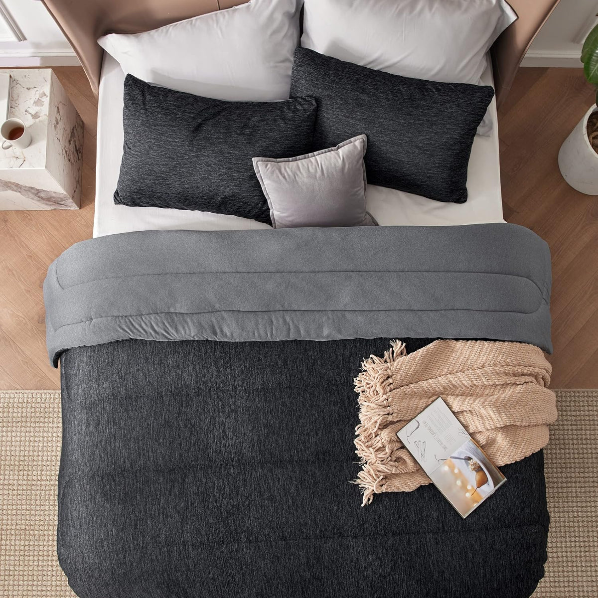 Bedsure Queen Comforter Set, Reversible Cooling & All-Season Bedding, Black