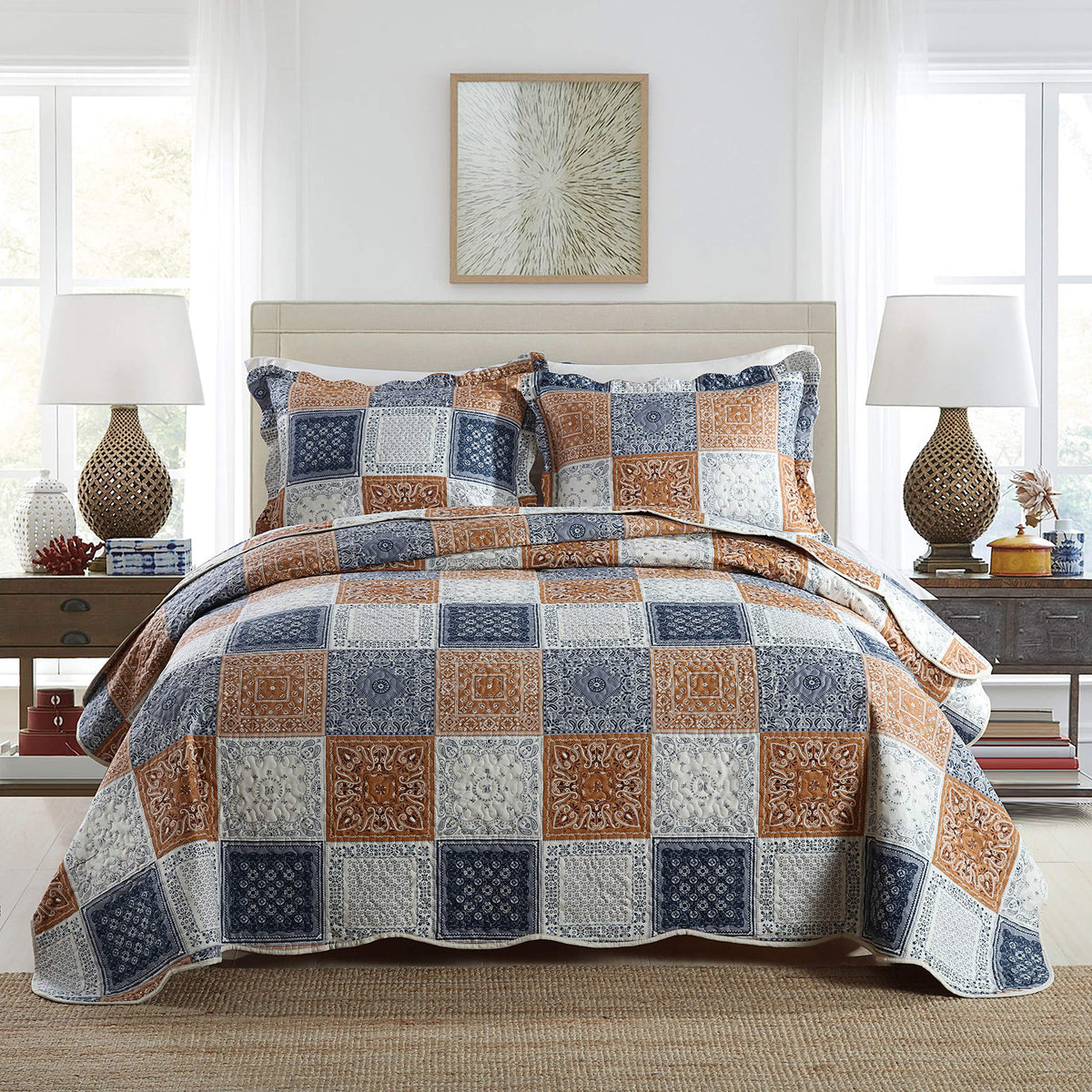 Travan 3-Piece Quilt Set Quilted Bedspread Lightweight Coverlet Set Garden Style Floral Printed Oversized Quilted Bedding Set with Shams for All Season, Exquisite, Queen Size