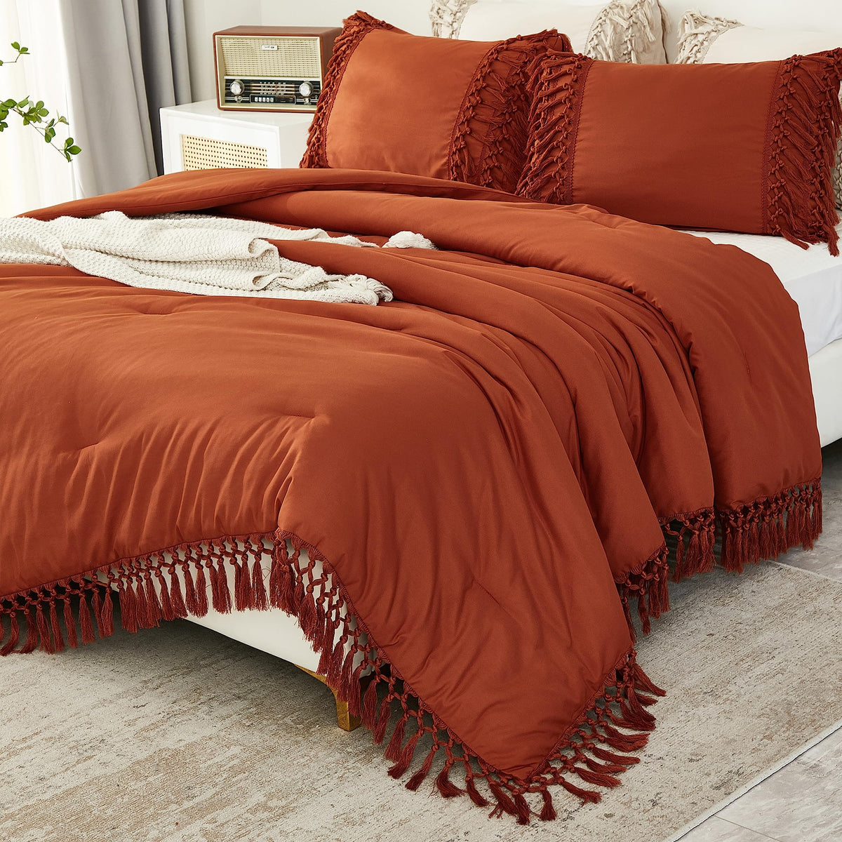 Andency Terracotta Comforter Set Queen, 3 Pieces Boho Tassel Bedding