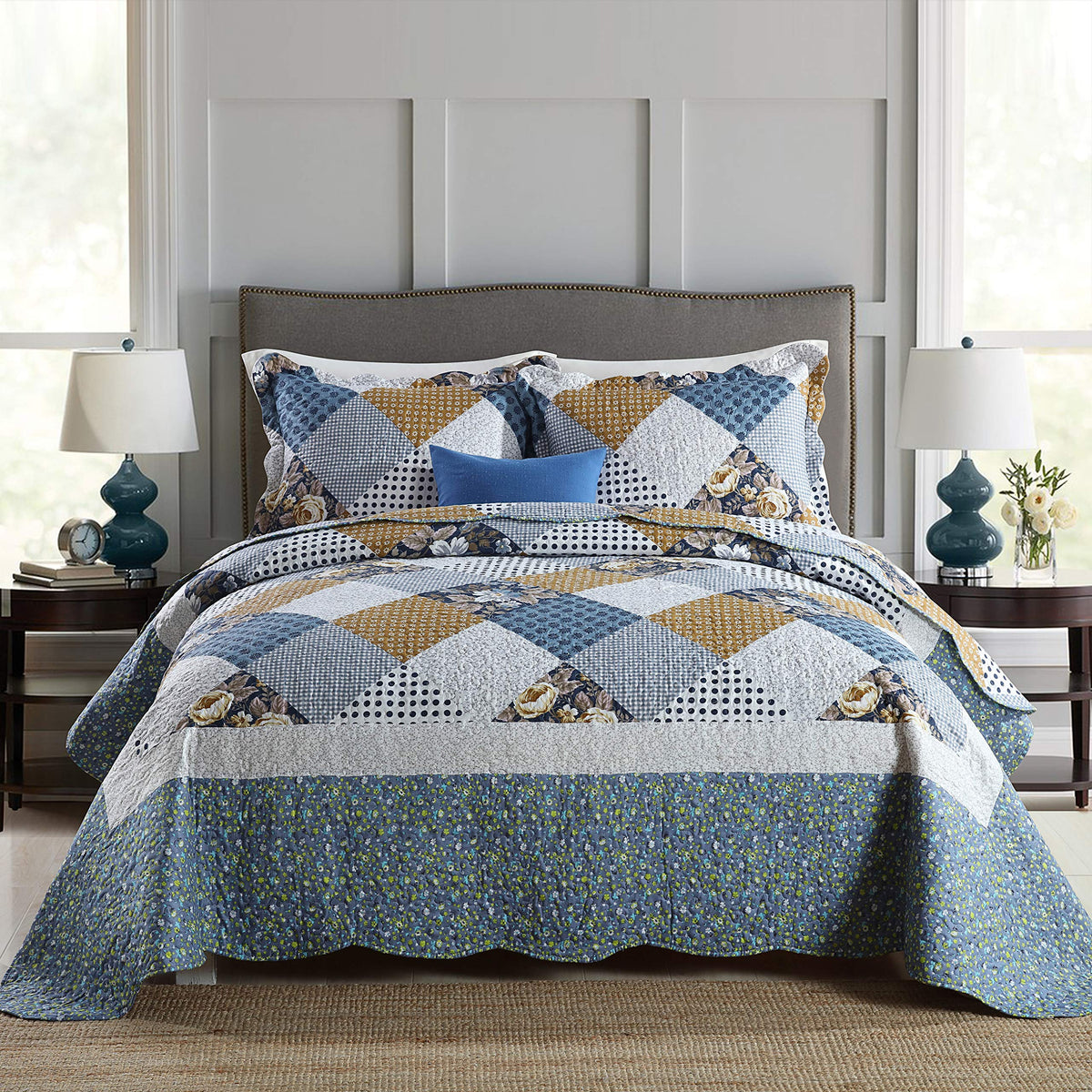 Travan 3-Piece Quilt Set Quilted Bedspread Lightweight Coverlet Set Garden Style Floral Printed Oversized Quilted Bedding Set with Shams for All Season, Exquisite, Queen Size