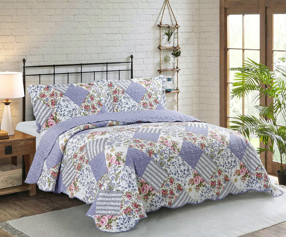 Brilliant Sunshine Rose and Sage Quilt Set, 3-Piece Bedding Sets, Traditional Patchwork Design, Washable and Reversible Bedspread, Soft Lightweight Coverlet, All-Season, Full/Queen, Light Pink Green