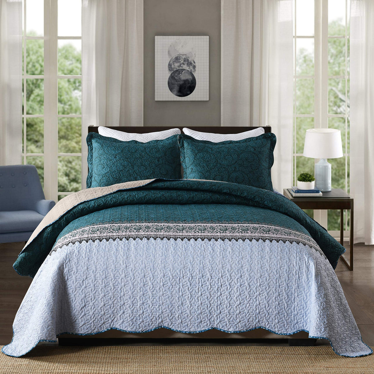 Travan 3-Piece Quilt Set Quilted Bedspread Lightweight Coverlet Set Garden Style Floral Printed Oversized Quilted Bedding Set with Shams for All Season, Exquisite, Queen Size