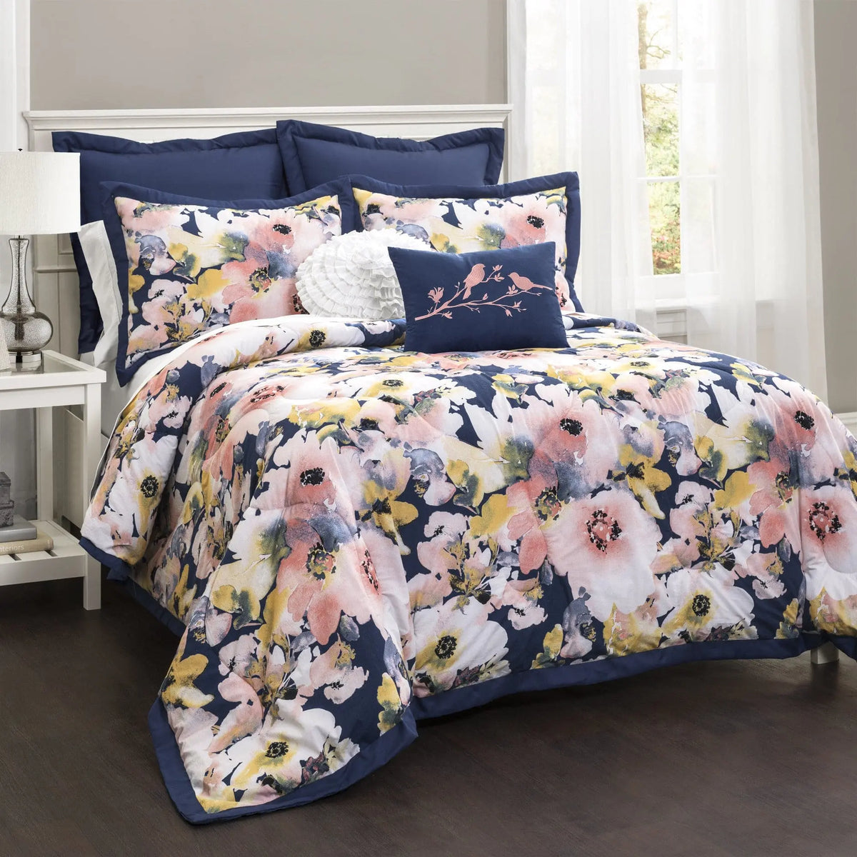 Lush Decor Watercolour Floral Full 7-Pc Bedding Set - 100% Cotton Face, Polyester Accents, Elegant Patterns, Bed Cover Set, Euro Sham Fit, Spot Clean Compatible for Bedroom Use, Bedding Sets