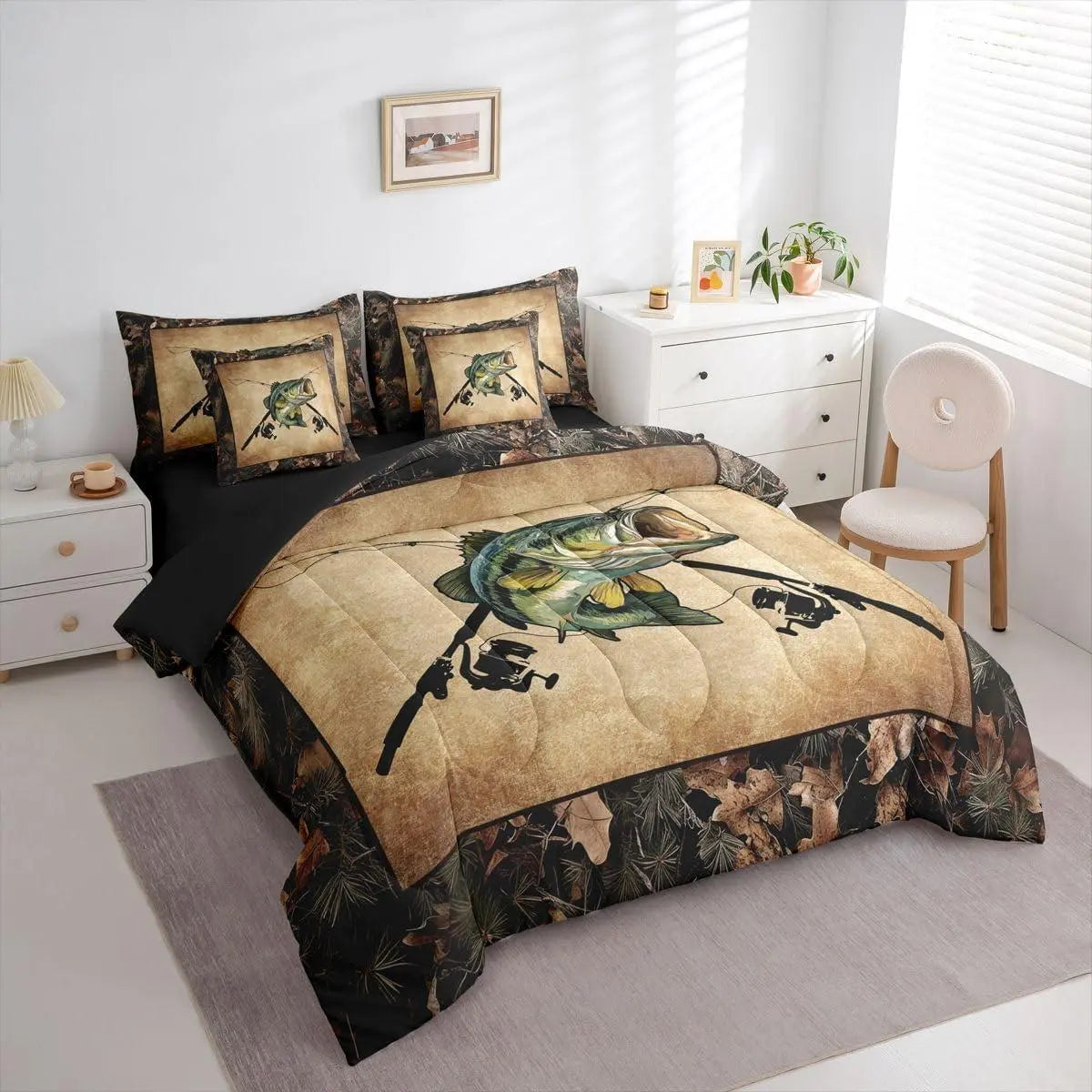 Feelyou 7-Piece Camo Fishing Microfiber Bed Set - Rustic Theme Decorative Breathable Bedding Set with Machine Washable Comforter, Sheets, Bass & Pike Fish Prints for Fishermen,sohochic