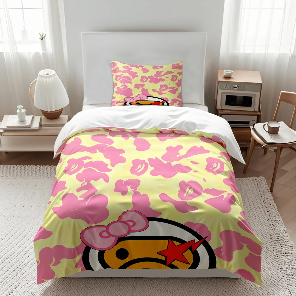 Y2K American Retro Pink Camo Cartoon Graphic Duvet Cover Set, Include 1 Comforter Cover and 1/2 Pillowcases, Stylish Star Element Quilt Cover, Creative Bedroom Dorm Trendy Bedding Print Bedding Set