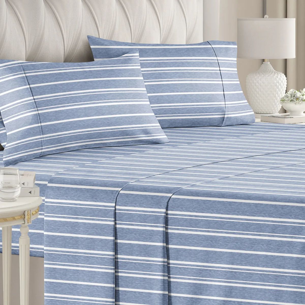 CGK | Printed 4-Piece Stripe Sheet Set – Soft Microfiber Bedding, Deep Pocket, Wrinkle-Free, Cooling, Chic Design Bedsheet Sets