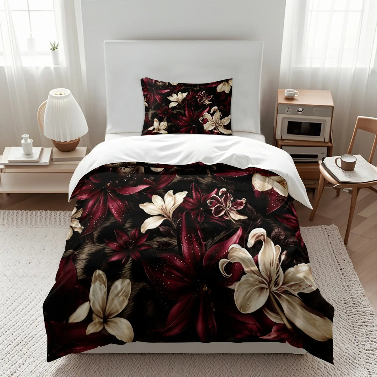 Dark Floral Leopard Print Duvet Cover Set, Includes 1 Duvet Cover and 1‑2 Pillowcases, Soft Comfortable Breathable All‑Season Bedding Set, Burgundy Lily Flower Realistic Pattern, Glam Gothic Boho Aesthetic Room Decor, Soft Bedding Sets