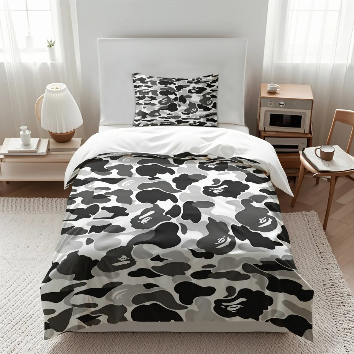 Y2K American Retro Pink Camo Cartoon Graphic Duvet Cover Set, Include 1 Comforter Cover and 1/2 Pillowcases, Stylish Star Element Quilt Cover, Creative Bedroom Dorm Trendy Bedding Print Bedding Set