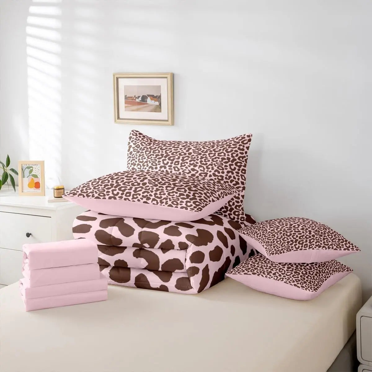 Pink Leopard Print 7 Piece Bedding Set Cheetah Comforter Set with Sheets Animal Print Bed in a Bag Safari Bed Set Soft Lightweight,sohochic