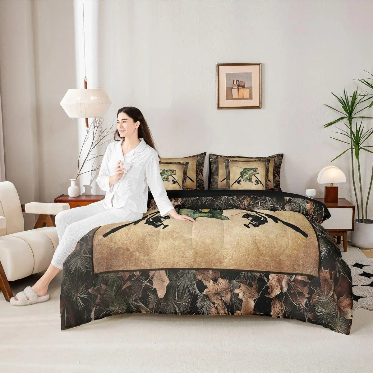 Feelyou 7-Piece Camo Fishing Microfiber Bed Set - Rustic Theme Decorative Breathable Bedding Set with Machine Washable Comforter, Sheets, Bass & Pike Fish Prints for Fishermen,sohochic