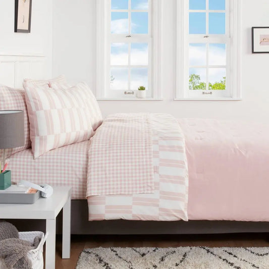 7pc Full Dash Stripe Printed Microfiber Reversible Comforter & Sheets Set Ivory/Light Pink - Room Essentials: Polyester Quilted