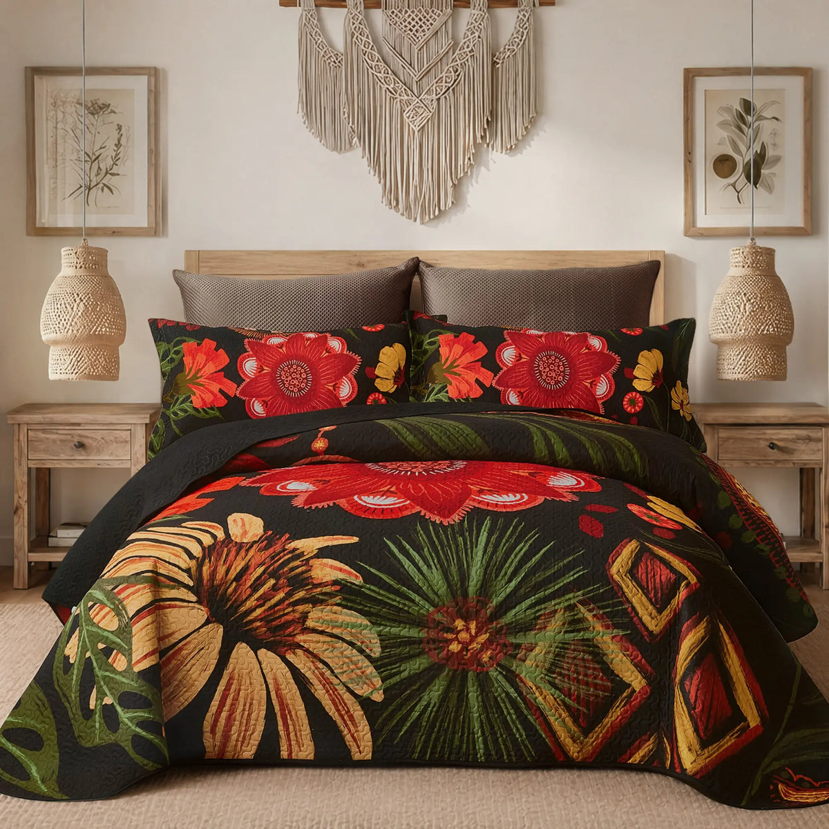Tyrot 3-Piece Queen Size/California King Bohemian Quilt Bed Set - Wrinkle-Resistant Microfiber Comforter Set with 2 Shams, Farmhouse Botanical Reversible Lightweight Coverlet, Mid-Century Leaves, Breathable Fade-Proof All-Seasons Black Bedding, Queen Size