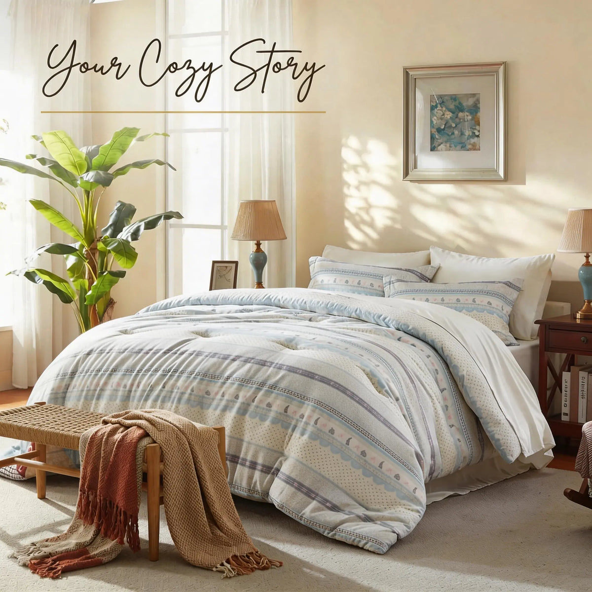 Cosybay 7-Piece Wrinkle-Resistant Bedding Bundle, Reversible Queen/King/Full Comforter Set, All-Season Luxury Tufted Boho Print Bedding with Comforter, Flat Sheet, Fitted Sheet, Pillowcases & Pillow Shams (Dorm, Back-to-School),sohochic
