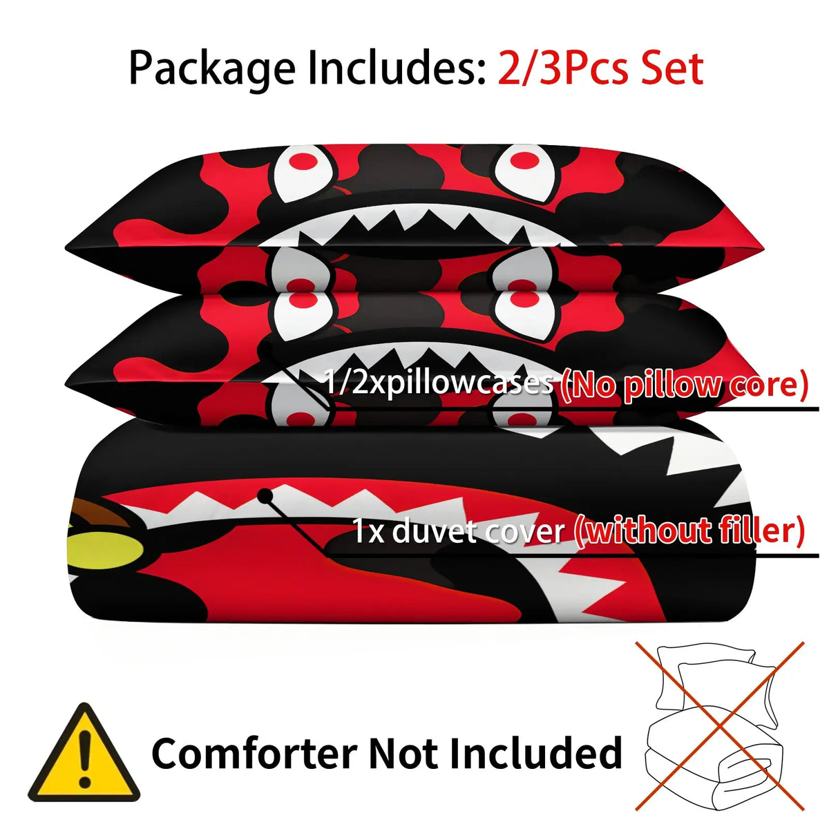 Ape Red & Black Camo Shark Mouth Cartoon Monkey Print Duvet Cover Set, 1 Duvet and 1-2 Pillowcases, Street Trendy Style Comfortable Easy Care Bedding, Ideal for Teen Hypebeast Bedroom Dorm Gaming Room Decor
