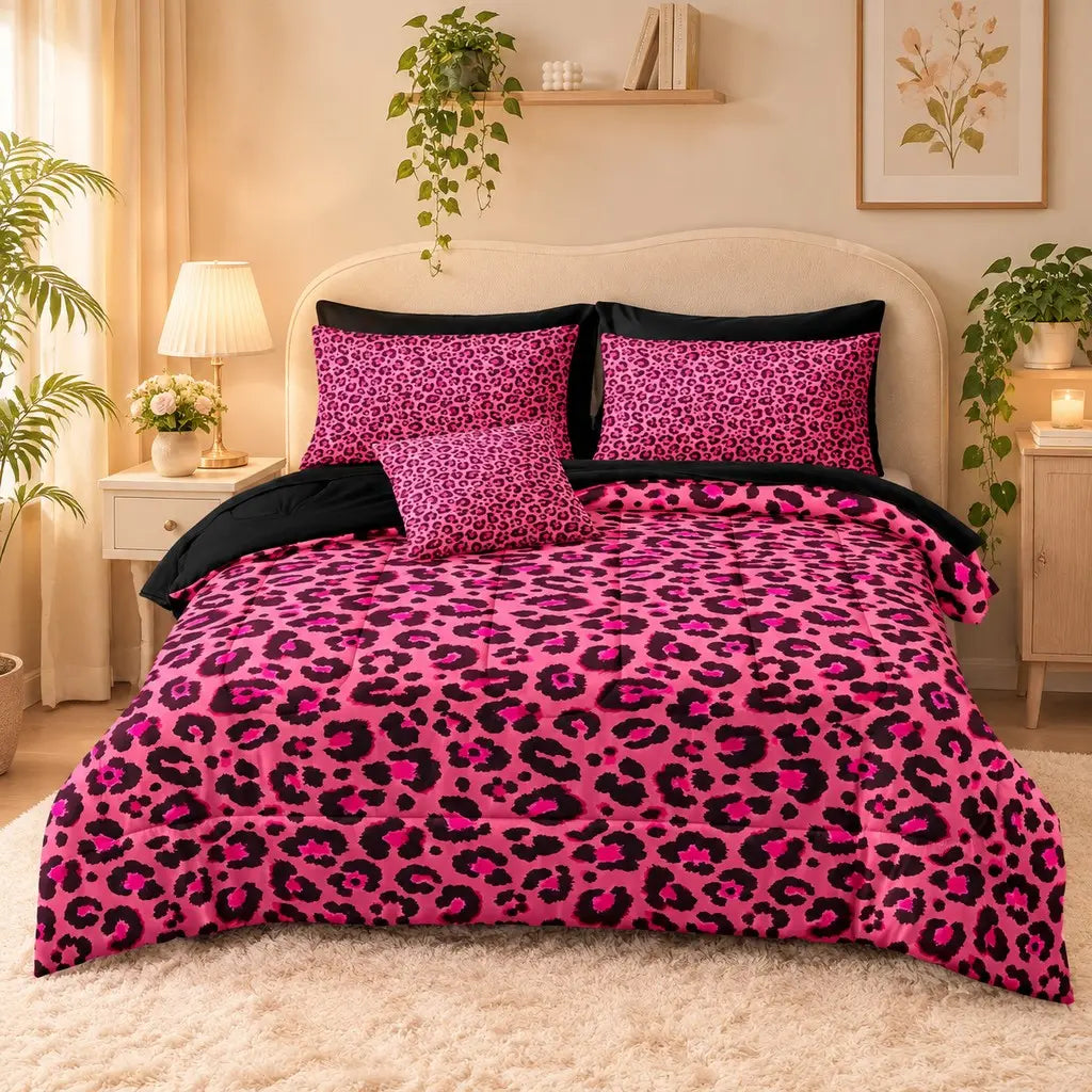 Leopard Print Queen Size Bedding Set, 3 Piece Suite, Bright Leopard Animal Print, Wild Leopard Pattern, Includes Blanket and Pillowcases, Bed Sets