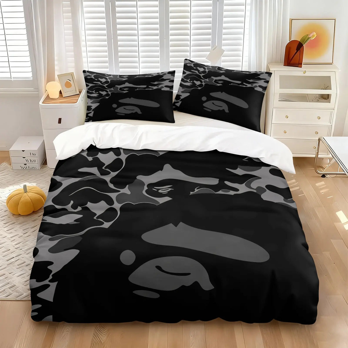 Black Grey Abstract Camo Silhouette Print Duvet Cover Set, Includes 1 or 2 Pillowcases, Dark Tone Street Style Camouflage Pattern Bedding Set All Size, Durable Soft Breathable Fabric Duvet, Bedroom Gift For Street Fashion Lovers