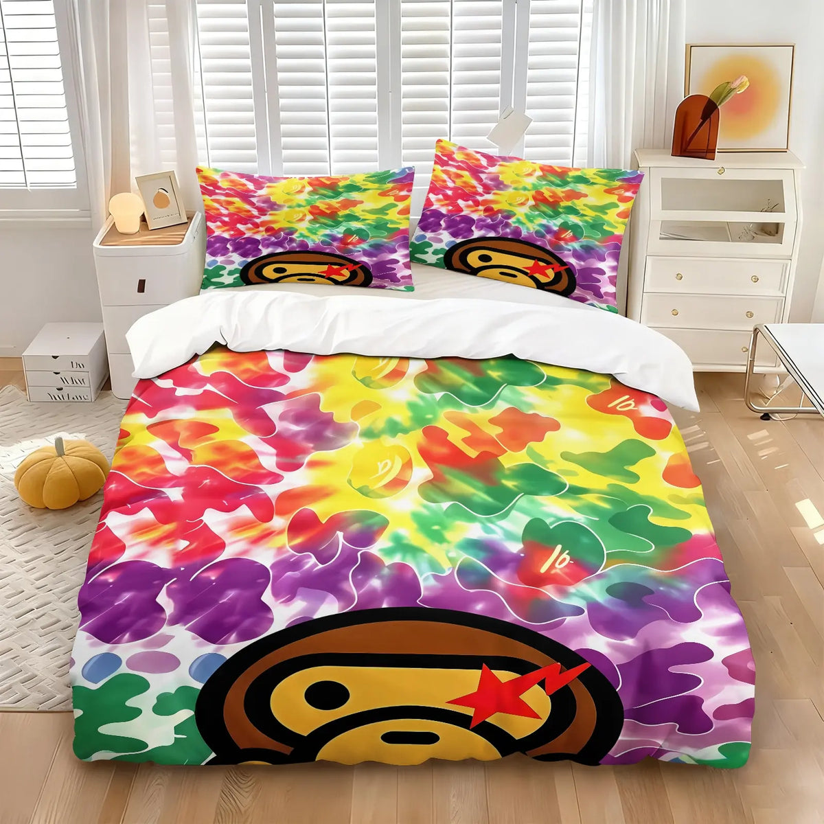 Streetwear Grey Camo Ape Head Duvet Cover Set (1 Duvet Cover + 1-2 Pillowcases), Soft Breathable Bed Linen, Cartoon Monkey Red Star Camouflage HD Digital Printed Vivid Pattern, Trendy Cool Aesthetic Bedroom Decor for All Season Use Camouflage Bedding Set