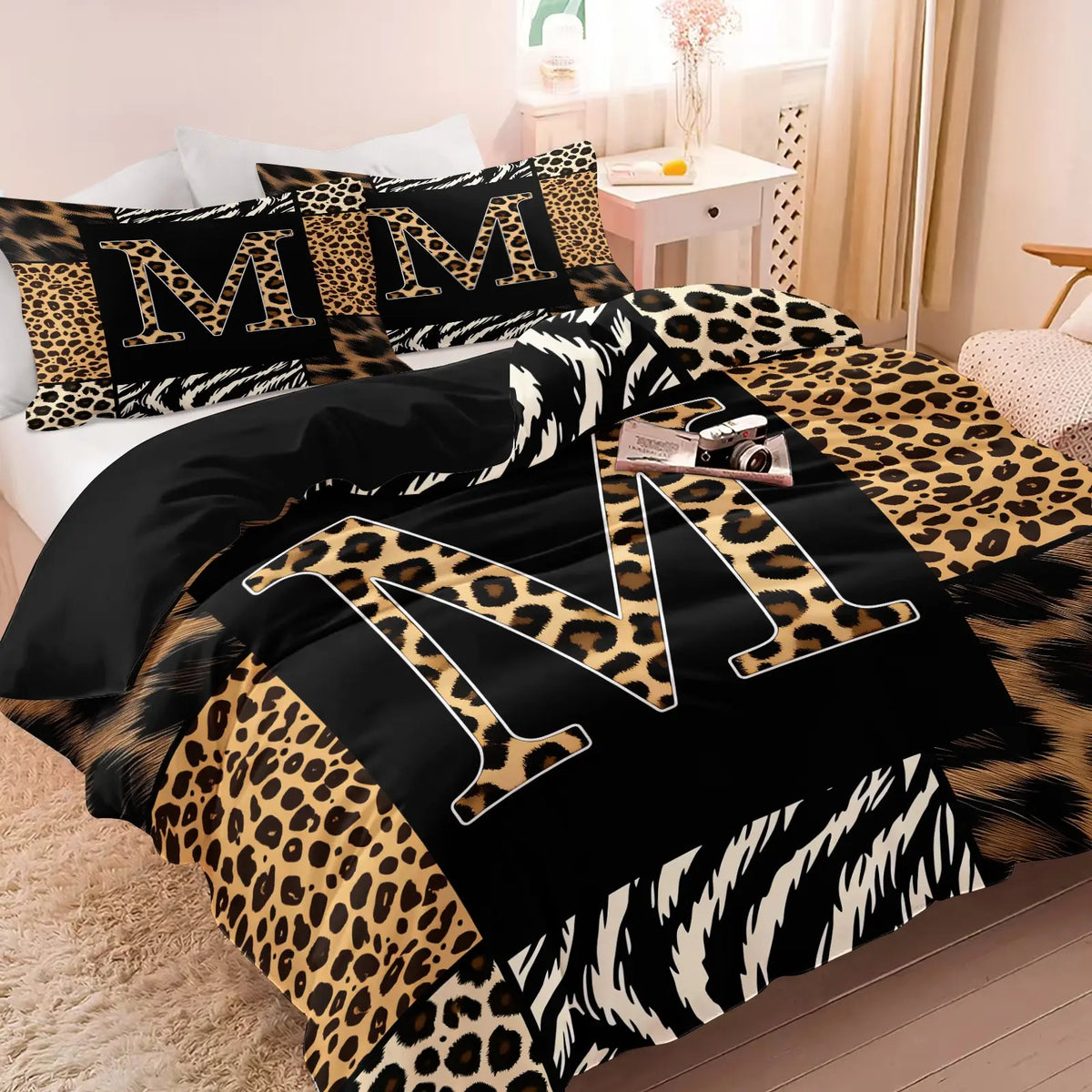 Leopard Zebra Print Letter M Decorative Duvet Cover Set (1 Duvet Cover + 1-2 Pillowcases), Soft Skin Friendly Breathable All Season Bed Linen, Animal Patchwork Letter M HD Vivid Printed Bedding Set, Edgy Modern Bedroom & Dorm Home Decor, Soft Bedding Sets