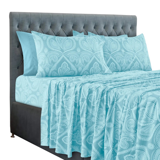 LUX DECOR Collection Queen 6-Pc Paisley & Solid Embroidered Bedding Set - Hypoallergenic Printed Sheets, Pillowcases, 16" Deep Pocket, Wrinkle Resistant, Hotel Luxury, Cozy, Breathable, Cooling, Decorative Bedsheet Sets, Summer Gifts (Twin XL Compatible)