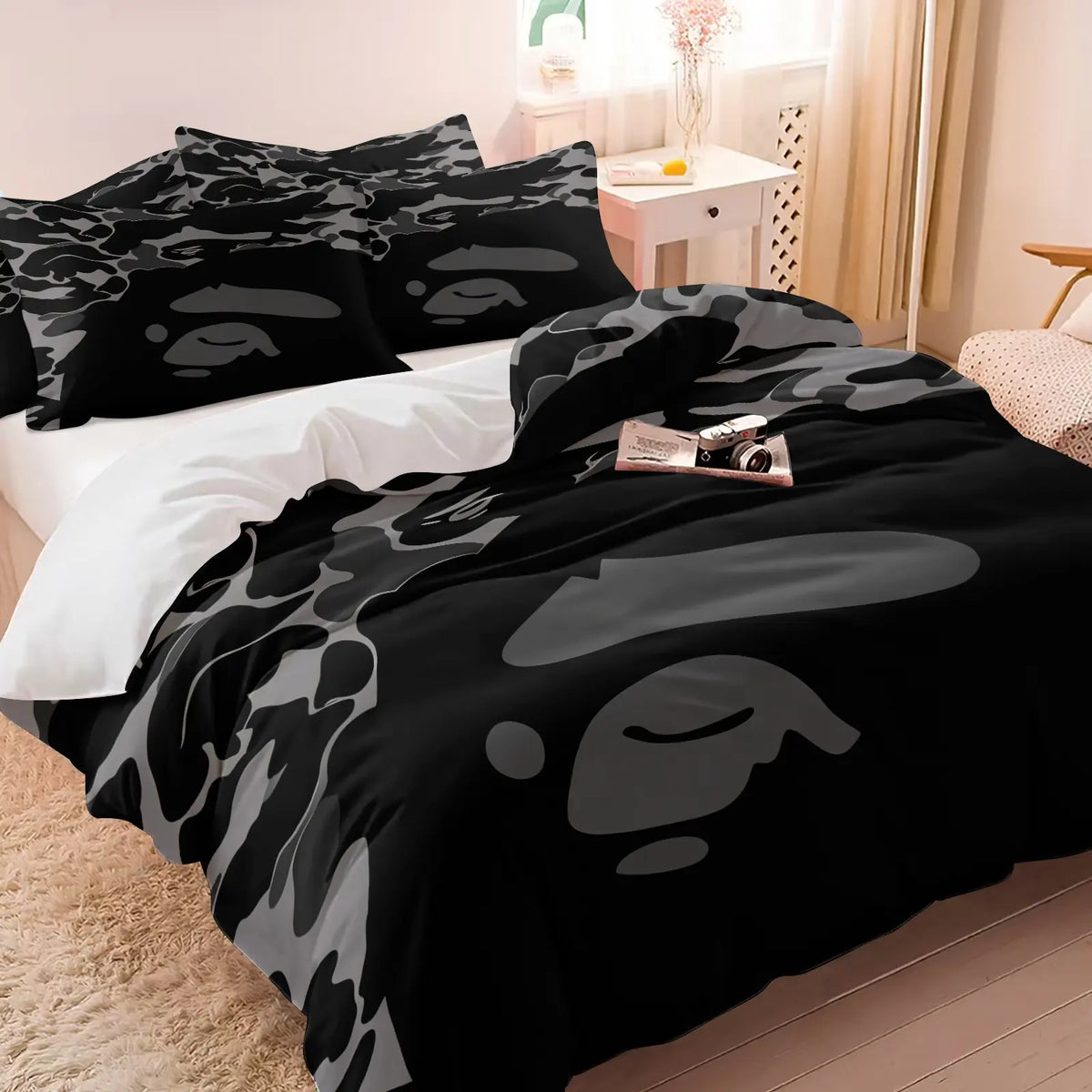 Black Grey Abstract Camo Silhouette Print Duvet Cover Set, Includes 1 or 2 Pillowcases, Dark Tone Street Style Camouflage Pattern Bedding Set All Size, Durable Soft Breathable Fabric Duvet, Bedroom Gift For Street Fashion Lovers