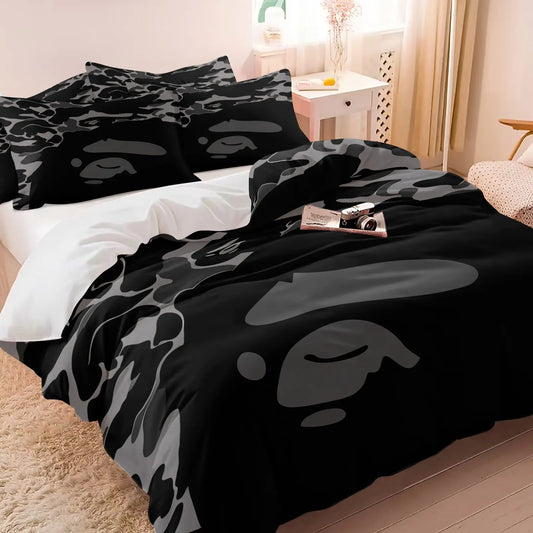 Black Grey Abstract Camo Silhouette Print Duvet Cover Set, Includes 1 or 2 Pillowcases, Dark Tone Street Style Camouflage Pattern Bedding Set All Size, Durable Soft Breathable Fabric Duvet, Bedroom Gift For Street Fashion Lovers