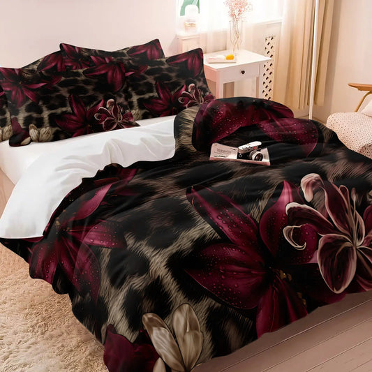 3PCS Dark Leopard Burgundy Floral Duvet Cover Set (1 Duvet Cover + 1-2 Coreless Pillowcases), Vintage Wild Leopard Texture Wine Red Lily Pattern, Soft Comfy All Seasons Bedding Set,Ideal for Elegant Retro Dark Style Bedroom Decor, Decorative Bedding Set