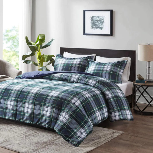 Madison Park Black/White Plaid Gingham Printed King Bedding Set - Breathable 3M Scotchgard Stain Release Cover, Hypoallergenic All-Season Comforter, 2" Flange Shams Included, Machine Washable Home Decor Essential