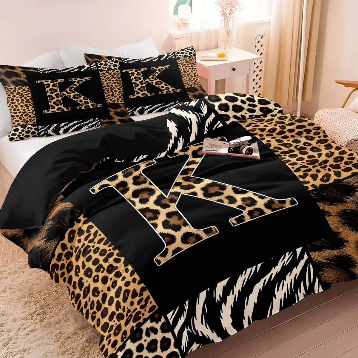 Leopard Zebra Print Letter M Decorative Duvet Cover Set (1 Duvet Cover + 1-2 Pillowcases), Soft Skin Friendly Breathable All Season Bed Linen, Animal Patchwork Letter M HD Vivid Printed Bedding Set, Edgy Modern Bedroom & Dorm Home Decor, Soft Bedding Sets