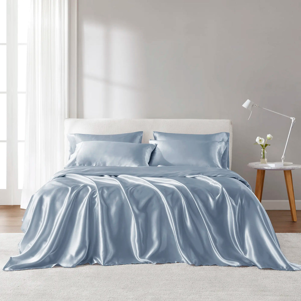 6-Piece Solid Color Satin Bed Sheet Set - 1 Flat, 1 Fitted, 4 Pillowcases, Luxurious with Natural Sheen and Silky Glide on Skin, Satin Bed Sheets
