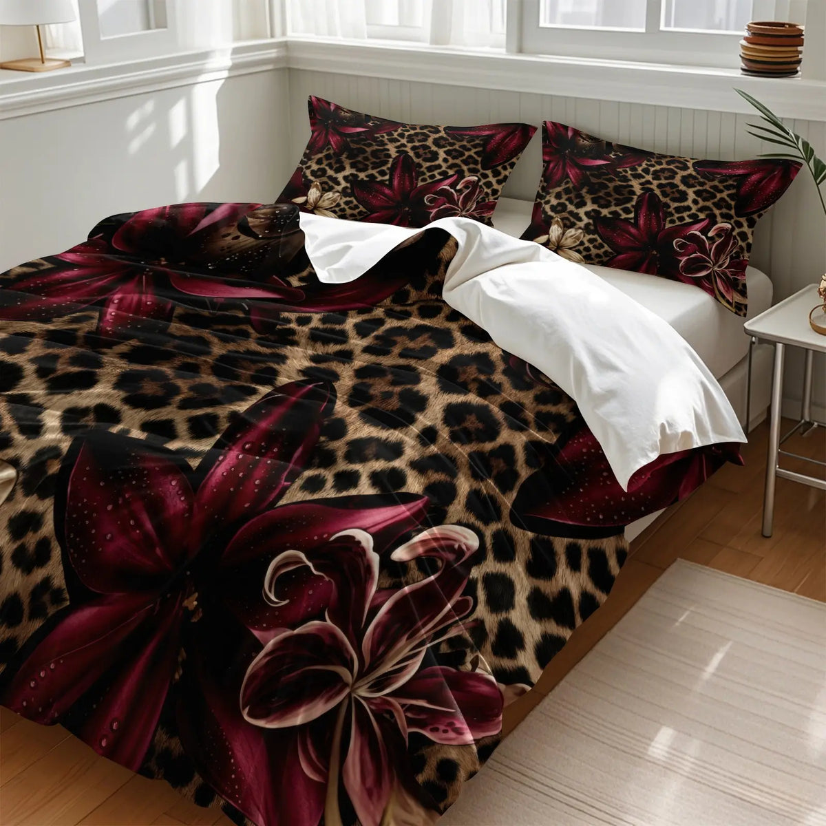 Dark Floral Leopard Print Duvet Cover Set, Includes 1 Duvet Cover and 1‑2 Pillowcases, Soft Comfortable Breathable All‑Season Bedding Set, Burgundy Lily Flower Realistic Pattern, Glam Gothic Boho Aesthetic Room Decor, Soft Bedding Sets