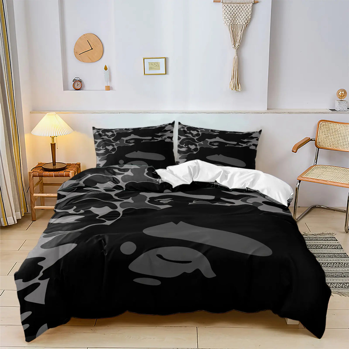 Black Grey Abstract Camo Silhouette Print Duvet Cover Set, Includes 1 or 2 Pillowcases, Dark Tone Street Style Camouflage Pattern Bedding Set All Size, Durable Soft Breathable Fabric Duvet, Bedroom Gift For Street Fashion Lovers