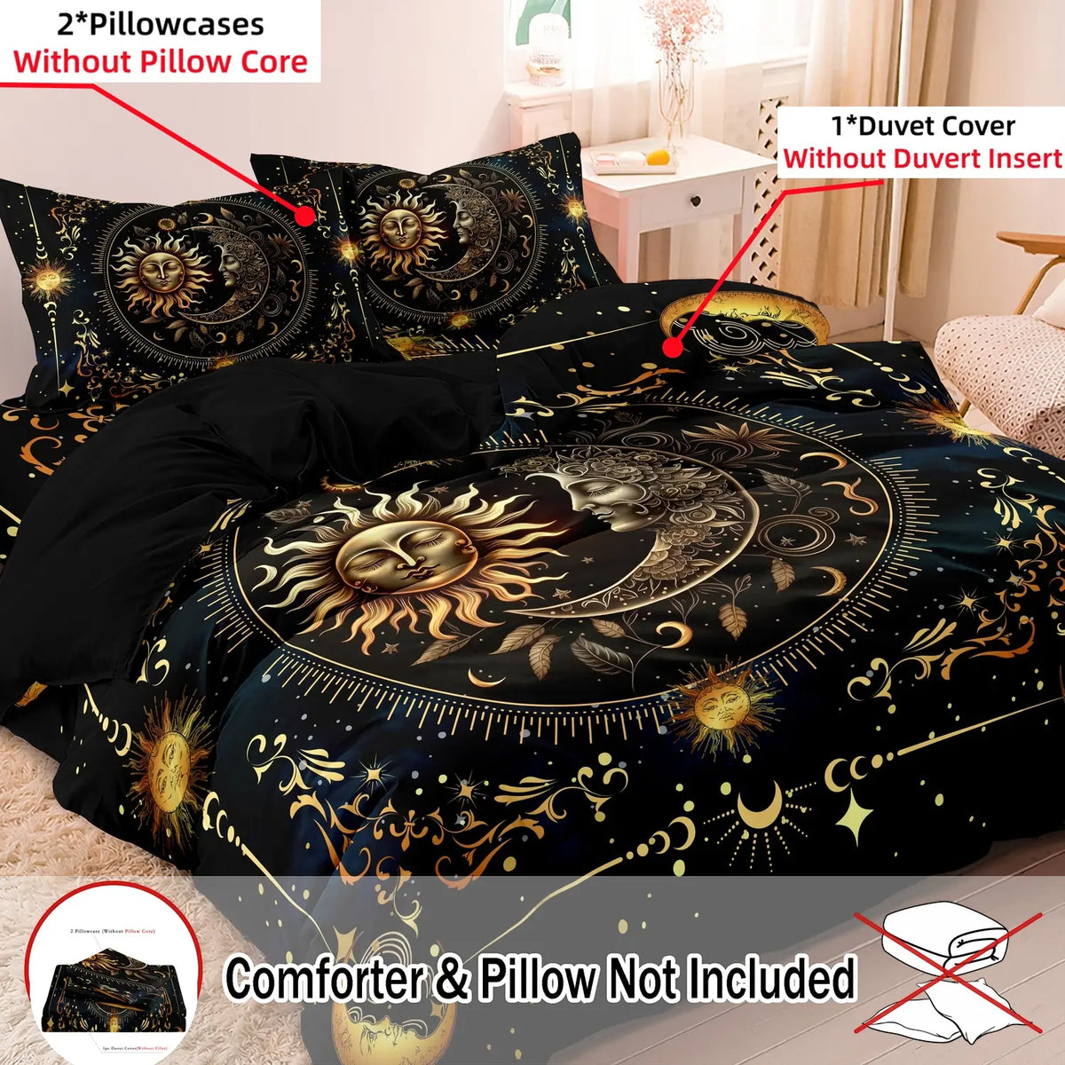 Ramadan Decoration Sun & Moon Pattern Decorative Duvet Cover Set, 3 Counts/set Including 1 Duvet Cover & 2 Pillowcases without Filler, Soft Comfortable Theme Bedding Set for Home Bedroom Comfy Bedding Sets #GLOBAL PICKS
