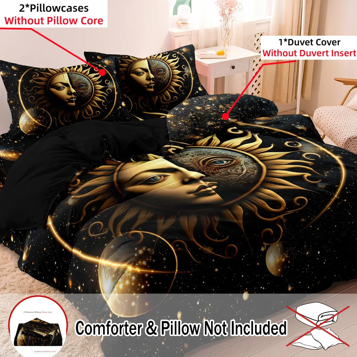Ramadan Decoration Sun & Moon Pattern Decorative Duvet Cover Set, 3 Counts/set Including 1 Duvet Cover & 2 Pillowcases without Filler, Soft Comfortable Theme Bedding Set for Home Bedroom Comfy Bedding Sets #GLOBAL PICKS