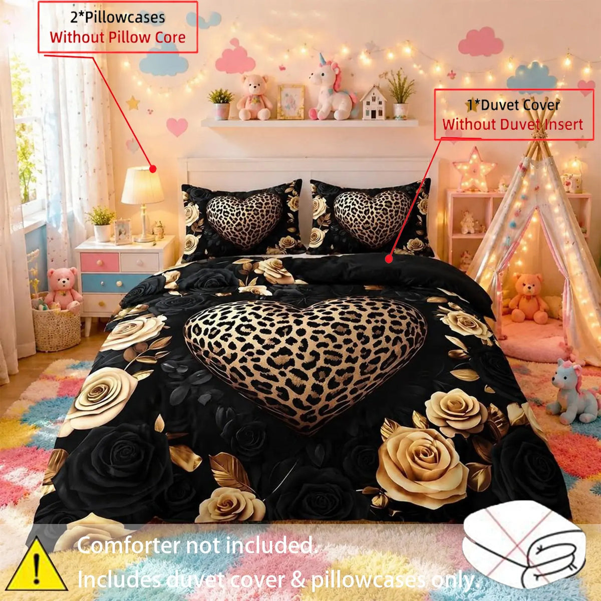 Leopard print heart-shaped flower Bedding 3-piece set, Printed bedding set, suitable for bedrooms and guest rooms, including 2 pillowcases and 1 duvet cover (unfilled) polyester, suitable for all seasons