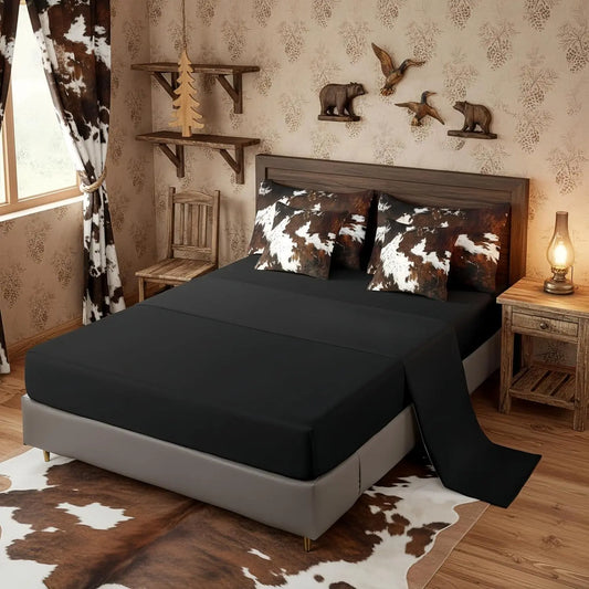 Feelyou 7-Piece Brown Cow Print Comforter Set - Animal Print Graphic Bedding Sets Collections, Simulated Black Cowhide Western Farmhouse Bed-in-a-Bag with Fitted Sheet, Flat Sheet, Pillowcases,sohochic