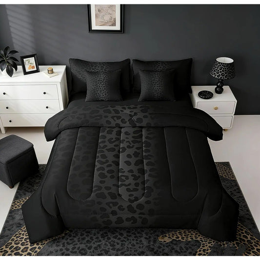 Feelyou Black Leopard Wildlife Motif 7-Piece Bed in a Bag, All-Season Machine Washable Set with Comforter, Fitted Sheet, Flat Sheet, Pillow Shams & Pillowcases (Queen Comforter Set, King Compatible),sohochic