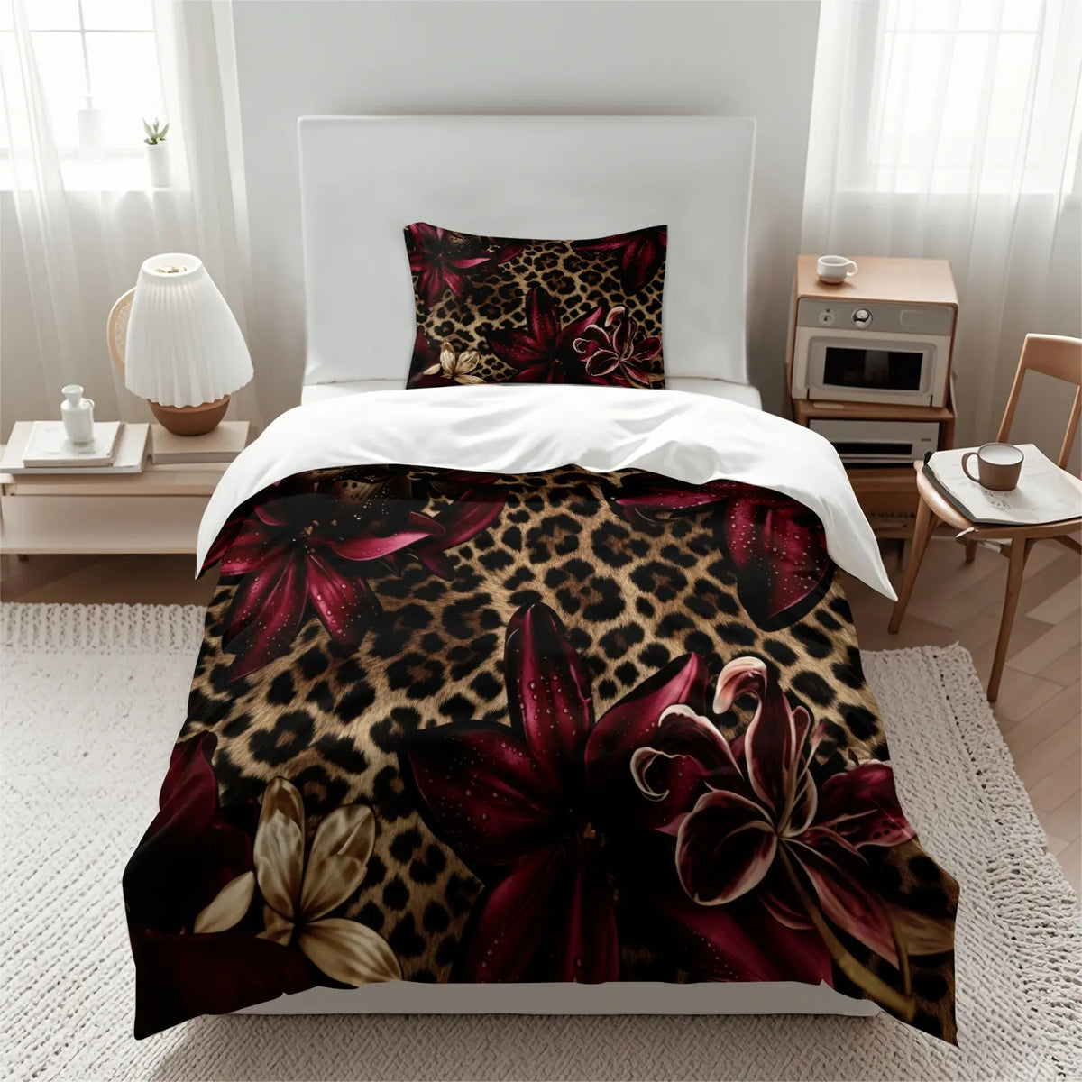 Dark Floral Leopard Print Duvet Cover Set, Includes 1 Duvet Cover and 1‑2 Pillowcases, Soft Comfortable Breathable All‑Season Bedding Set, Burgundy Lily Flower Realistic Pattern, Glam Gothic Boho Aesthetic Room Decor, Soft Bedding Sets