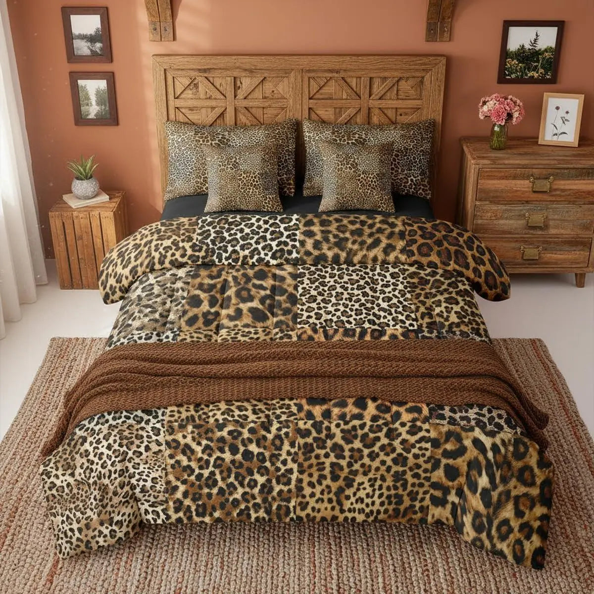 Feelyou Multi-Size Brown Leopard Print 7-Piece Bed Comforter Set with Sheets - African Cheetah Wild Safari Skin Pattern Farmhouse Patchwork Bedding Collections for Women,sohochic