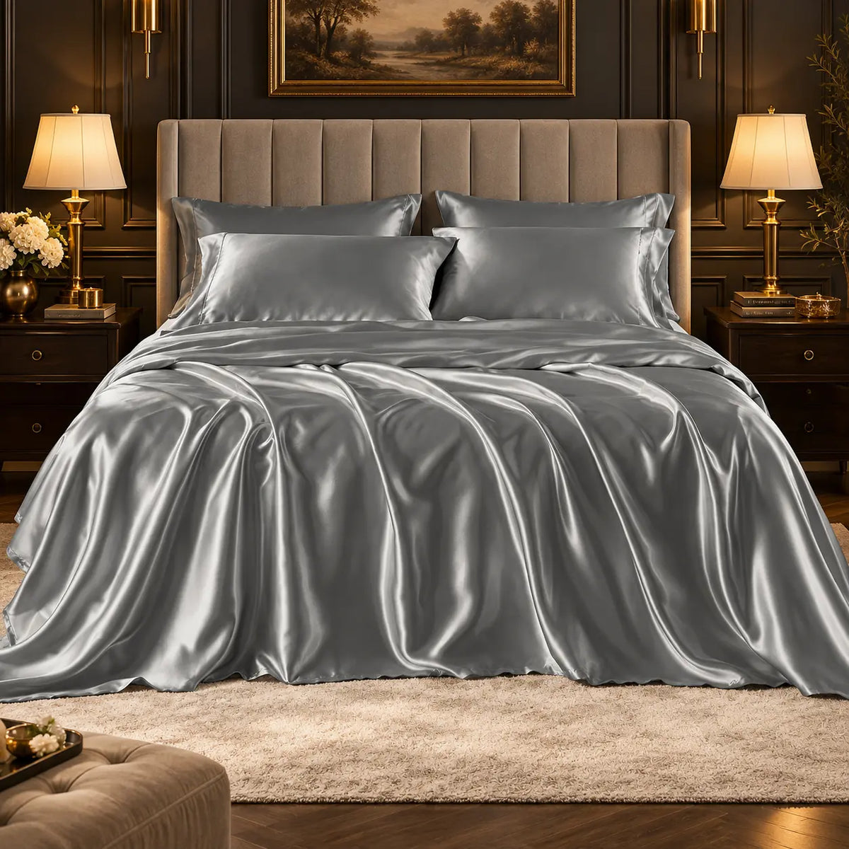6-Piece Solid Color Satin Bed Sheet Set - 1 Flat, 1 Fitted, 4 Pillowcases, Luxurious with Natural Sheen and Silky Glide on Skin, Satin Bed Sheets