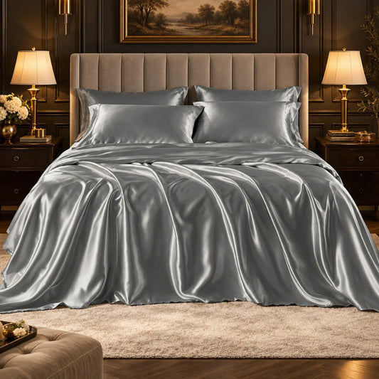 6-Piece Solid Color Satin Bed Sheet Set - 1 Flat, 1 Fitted, 4 Pillowcases, Luxurious with Natural Sheen and Silky Glide on Skin, Satin Bed Sheets